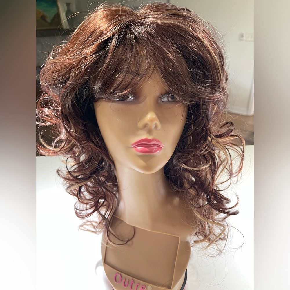 20-22” long, layered curls, bangs, highlighted dark brown wig